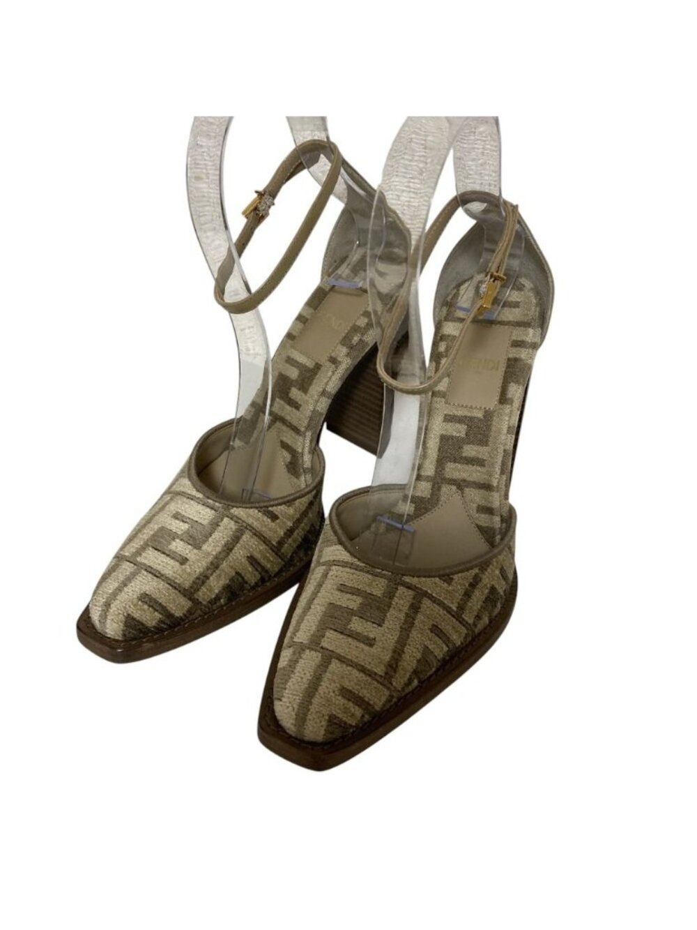 Fendi Chenille Jacquard FF Cut Ankle Strap Pumps Beige Heels